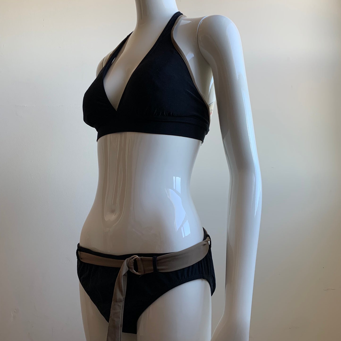 Leilani black halter full coverage belted halter bikini
