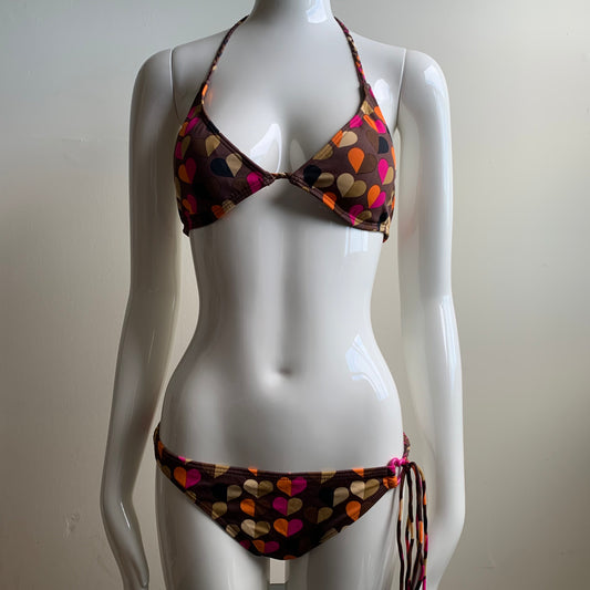 Billabong Bikinimsurf brown & orange hearts braided halter Swimsuit