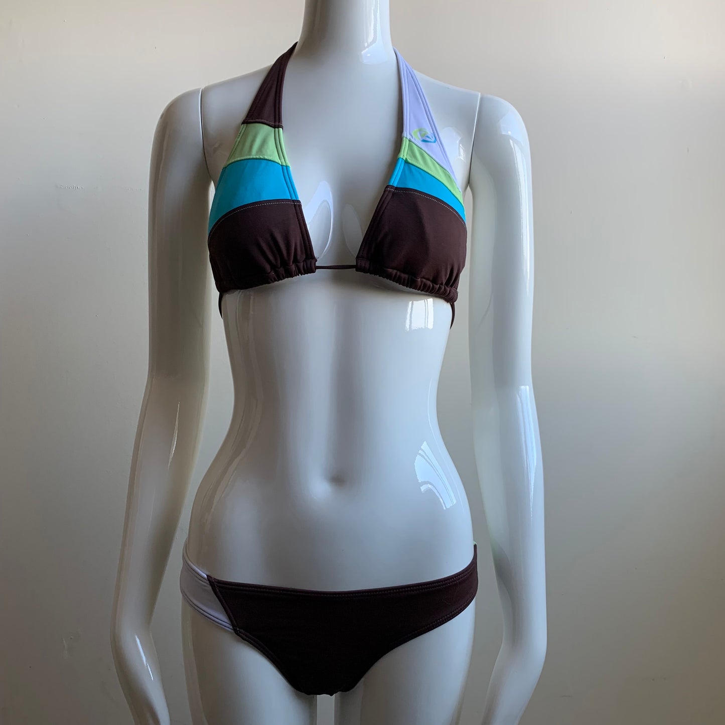 Rip Curl brown blue lime color block halter top bikini
