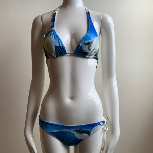 Aaron Chang plumeria white & blue floral one side tie bikini