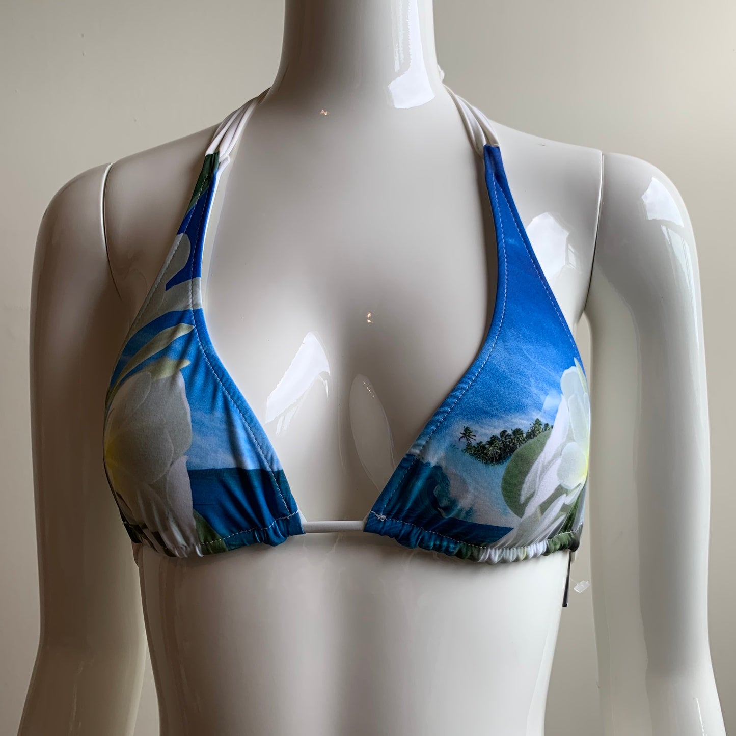 Aaron Chang plumeria white & blue floral one side tie bikini