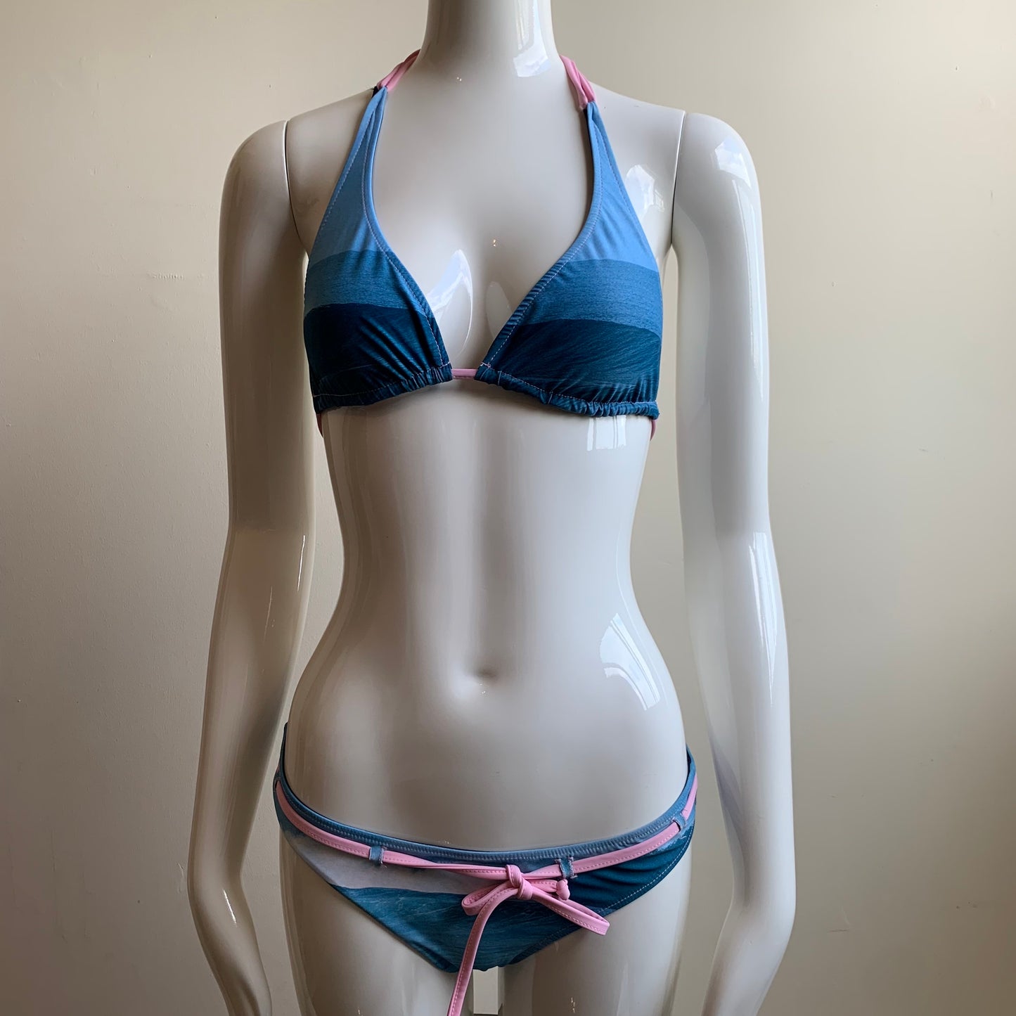 Aaron Chang blue reversible wave halter belted bikini