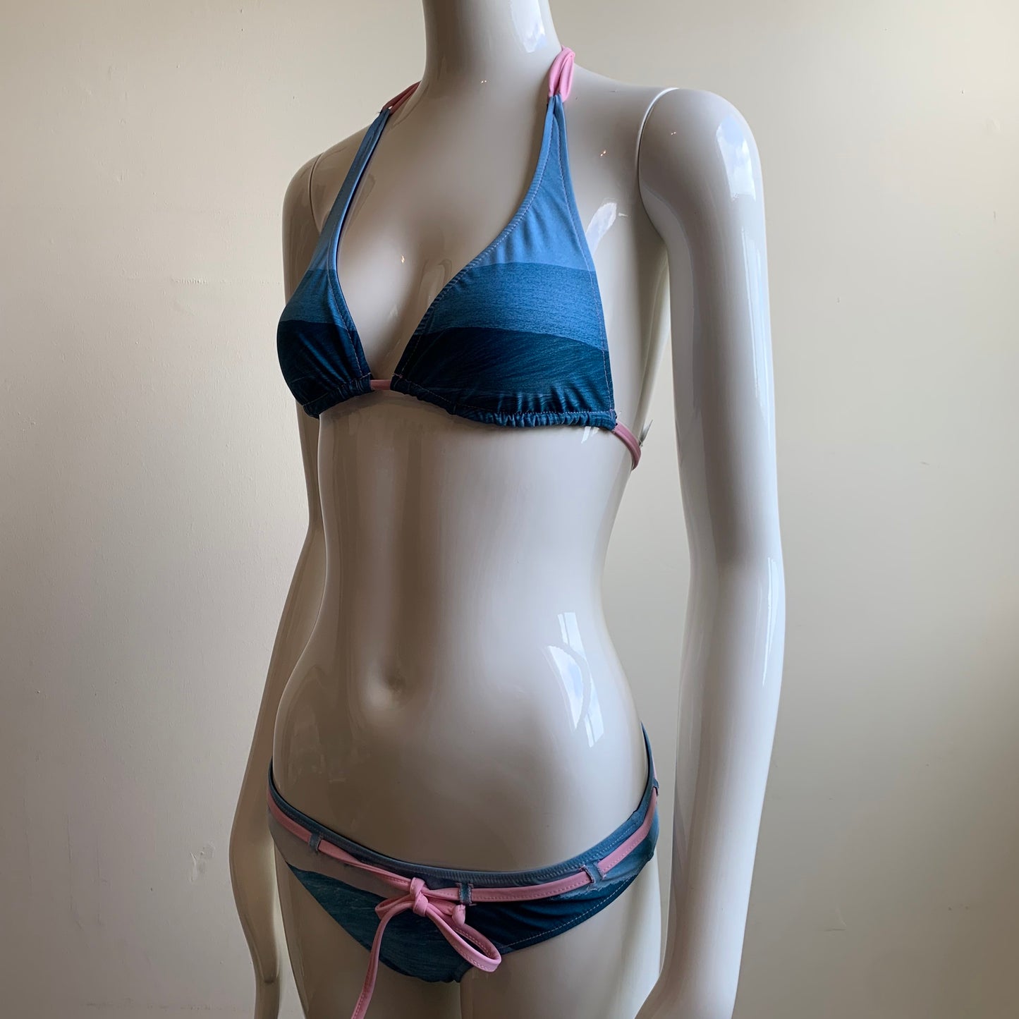 Aaron Chang blue reversible wave halter belted bikini