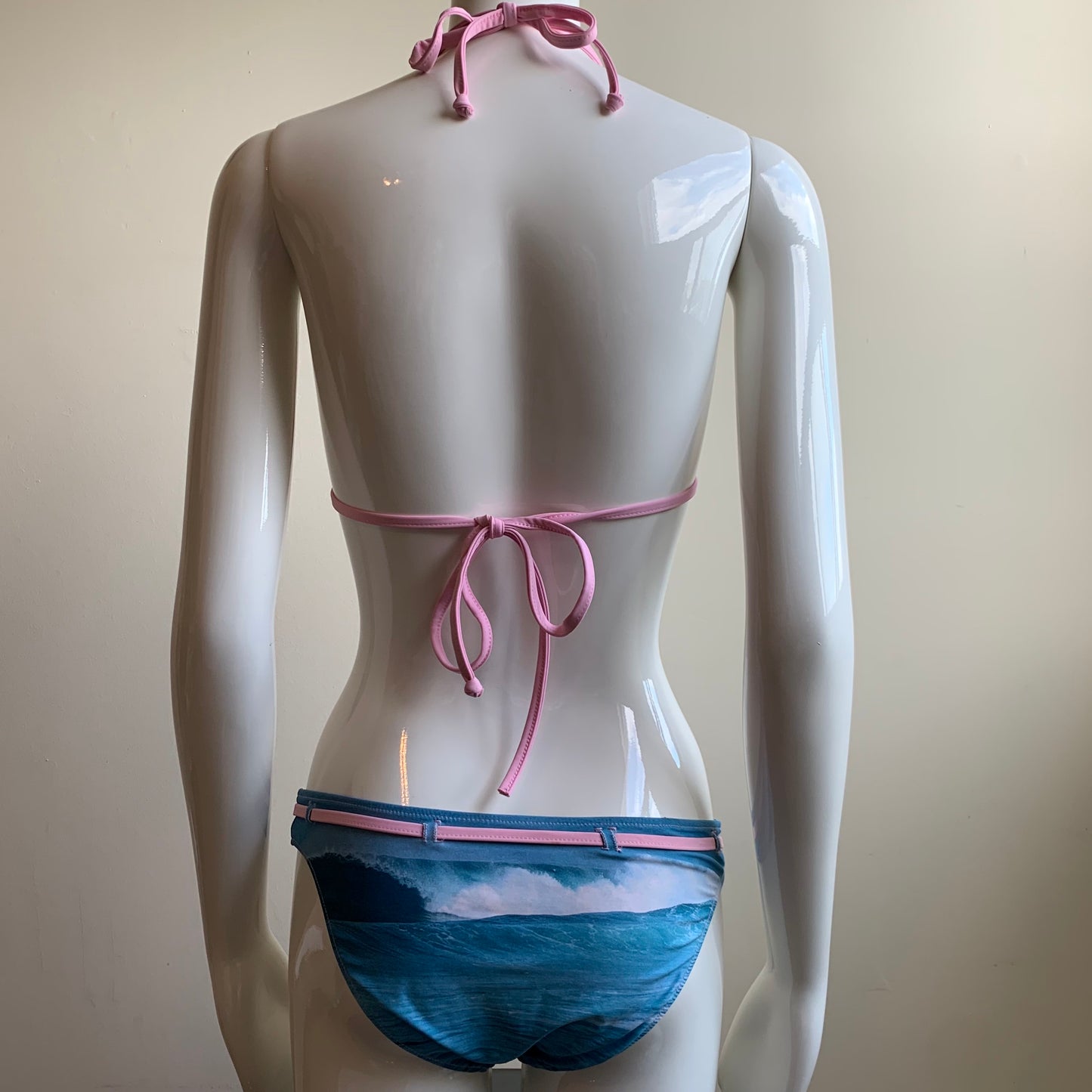 Aaron Chang blue reversible wave halter belted bikini