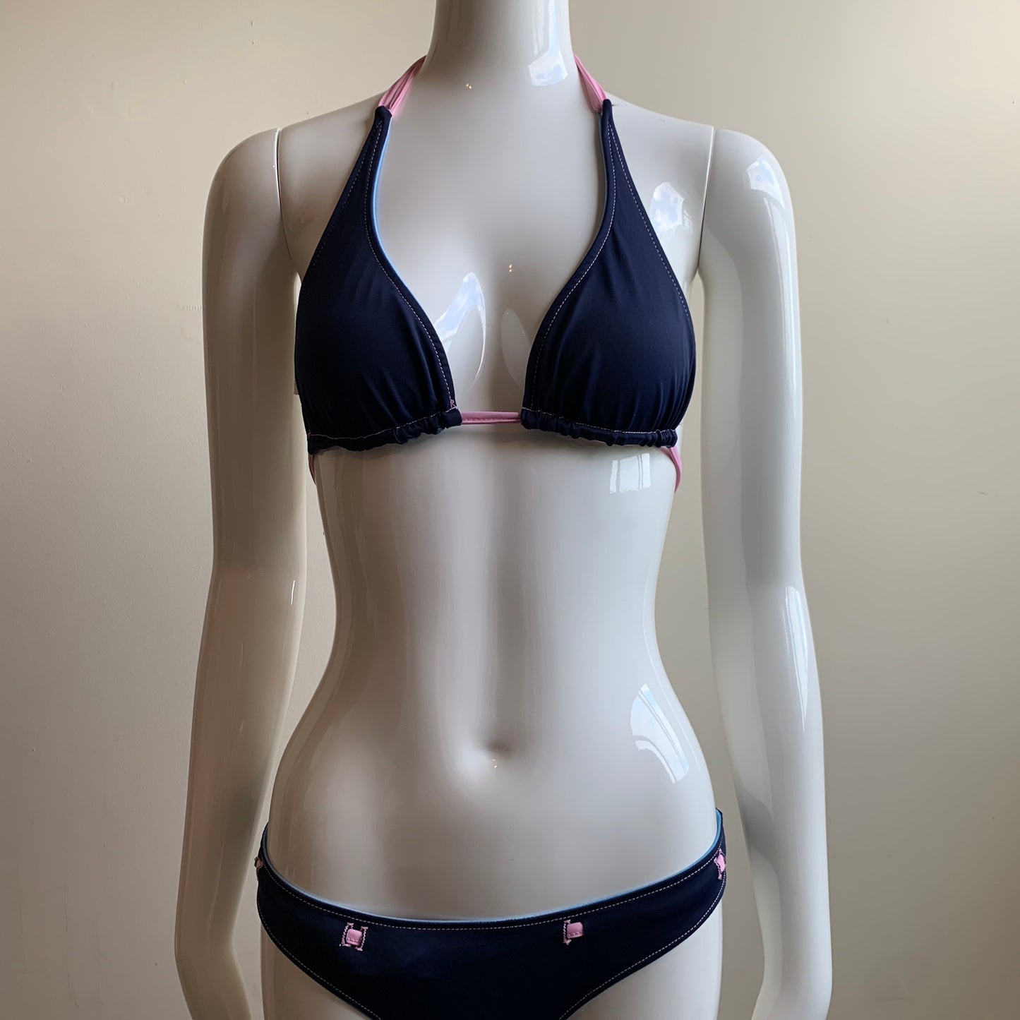 Aaron Chang blue reversible wave halter belted bikini