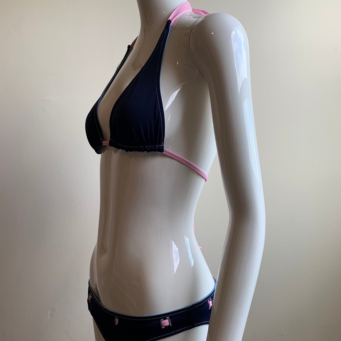 Aaron Chang blue reversible wave halter belted bikini