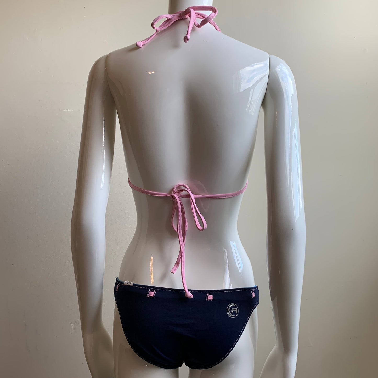 Aaron Chang blue reversible wave halter belted bikini
