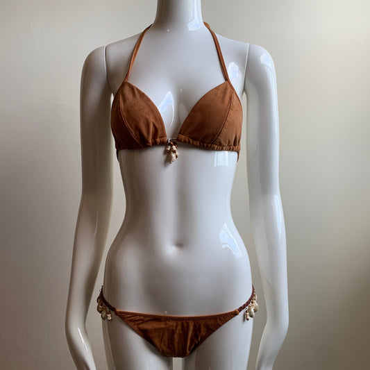 Sauvage California tan beaded suede shell bikini