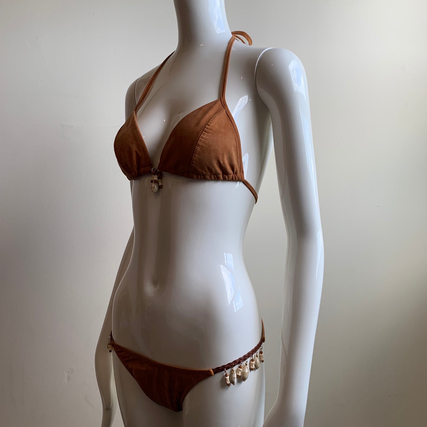 Sauvage California tan beaded suede shell bikini