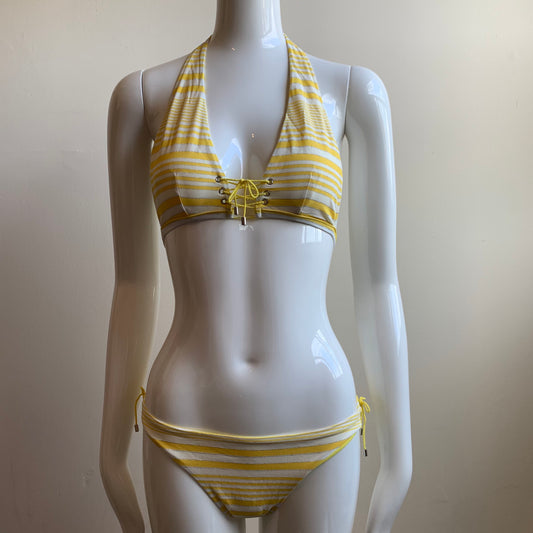 Sauvage yellow silver striped foil lace up bikini