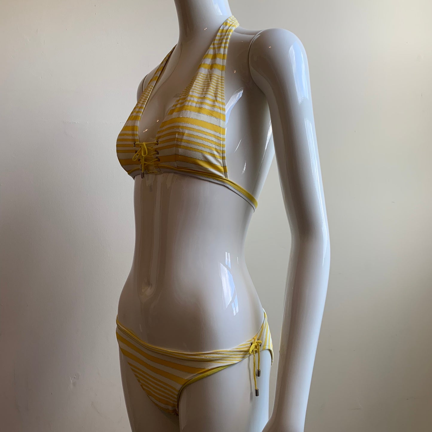 Sauvage yellow silver striped foil lace up bikini