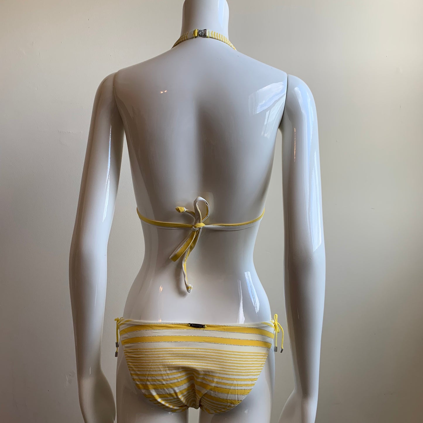 Sauvage yellow silver striped foil lace up bikini