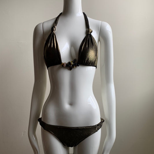 Sauvage california bronze gold beaded halter top luxury bikini