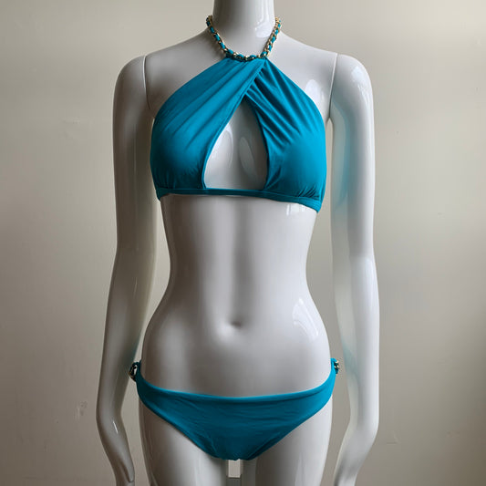 Sauvage california Turquoise Blue Gold Chain high neck luxury bikini