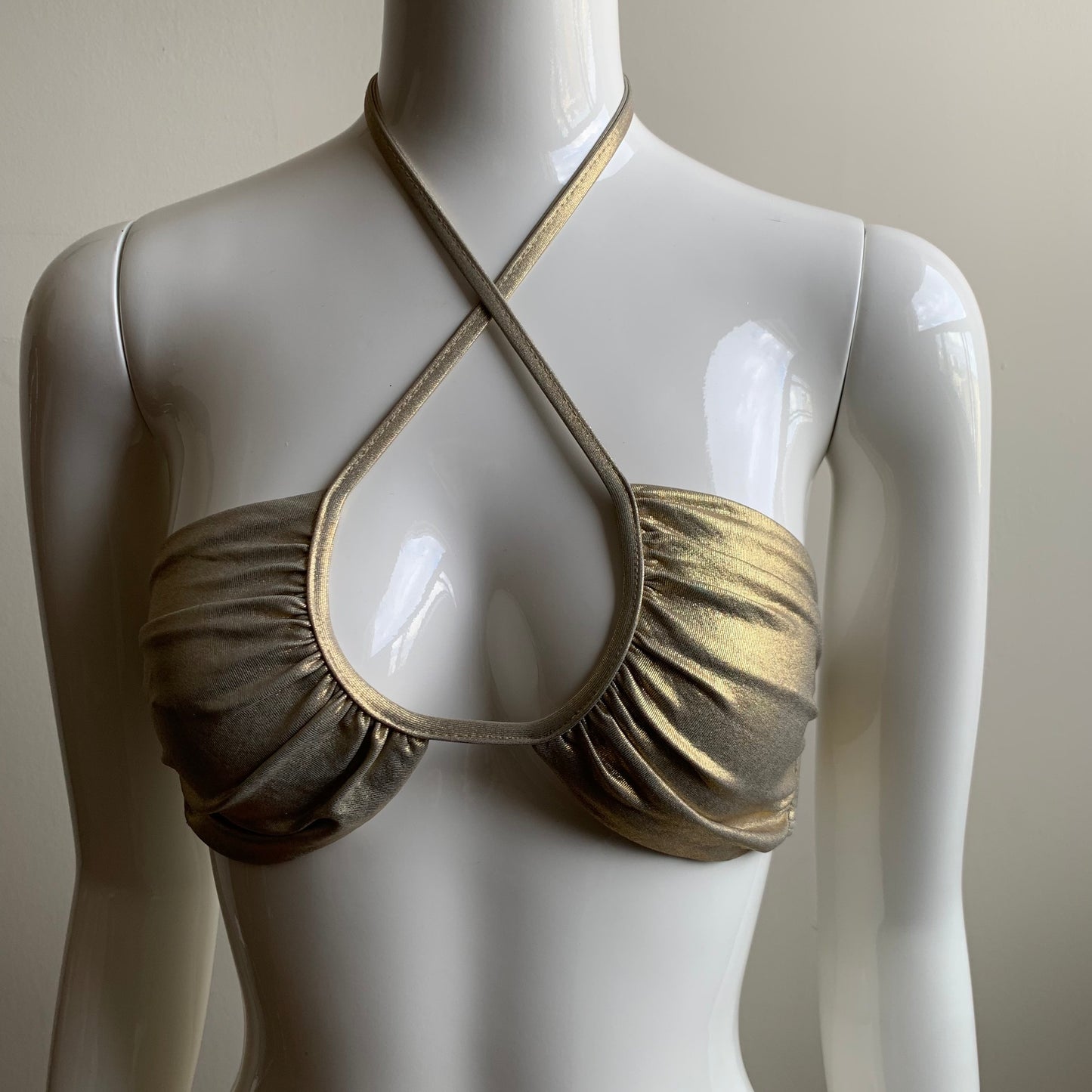 Sauvage Luxury gold foil twist ruched bandeau bikini top