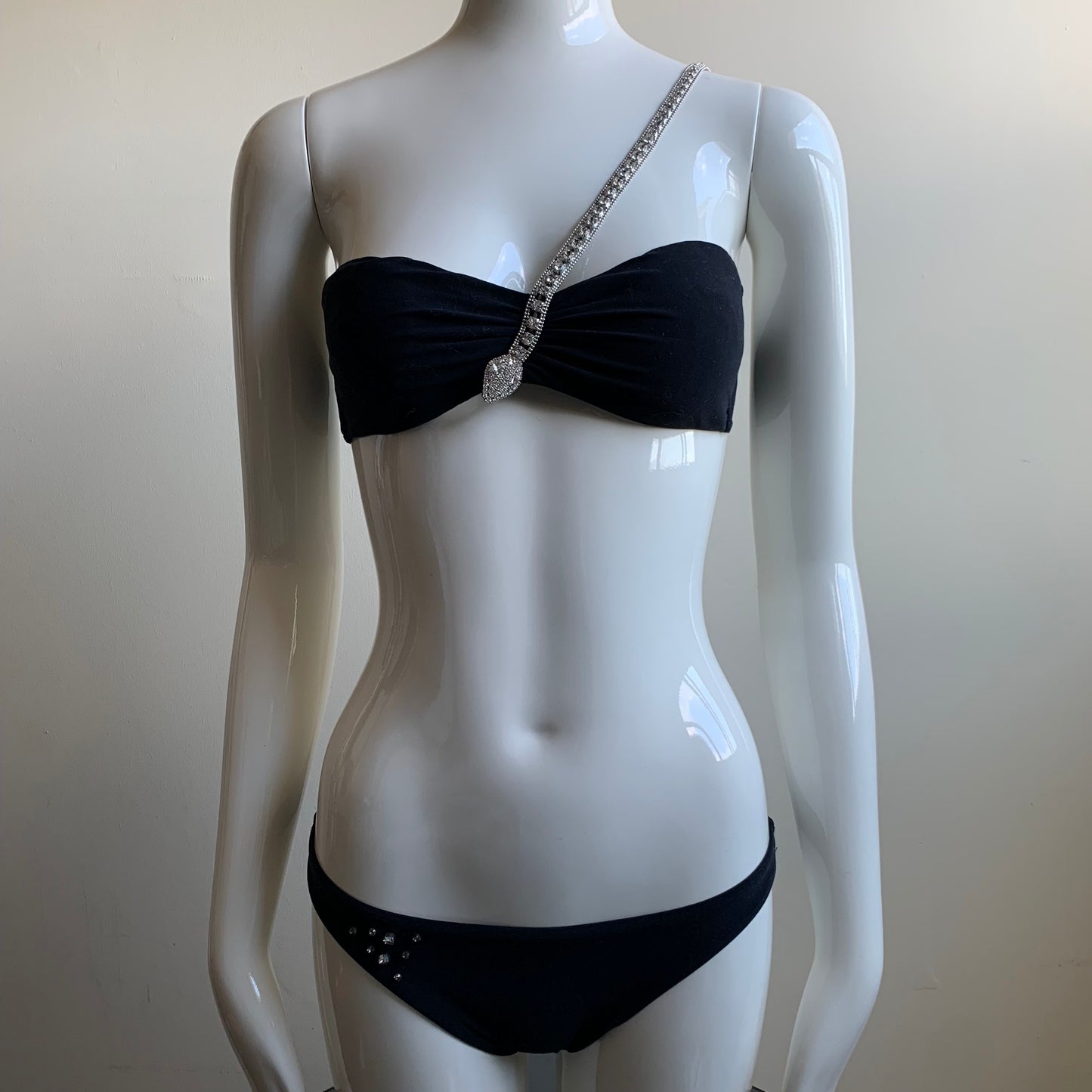 Sauvage black swarovski crystal snake one shoulder strap bandeau bikini top set