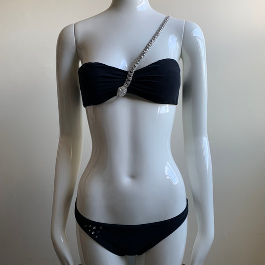 Sauvage black swarovski crystal snake one shoulder strap bandeau bikini top set