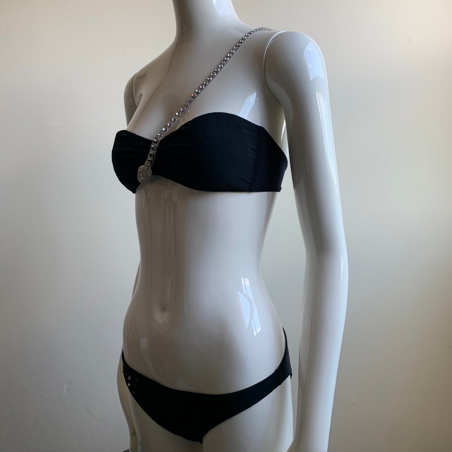 Sauvage black swarovski crystal snake one shoulder strap bandeau bikini top set