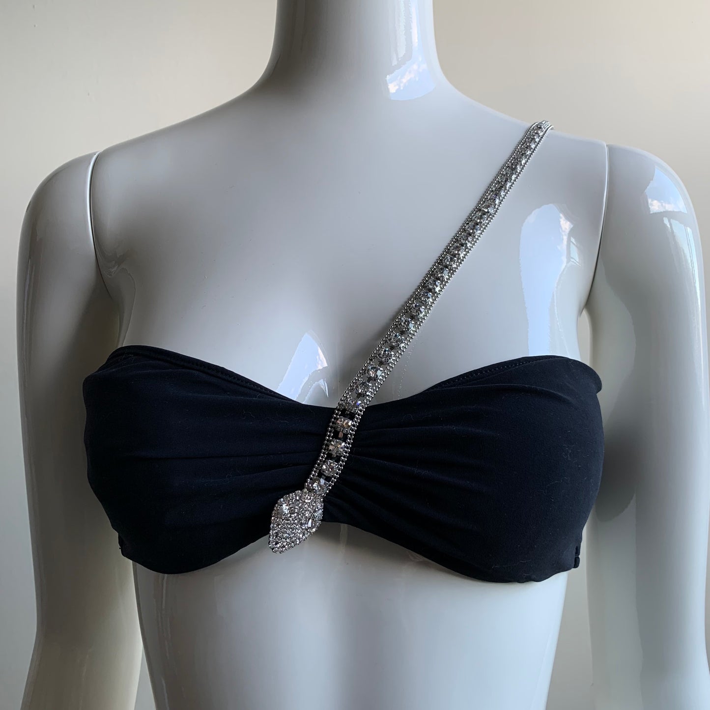 Sauvage black swarovski crystal snake one shoulder strap bandeau bikini top set