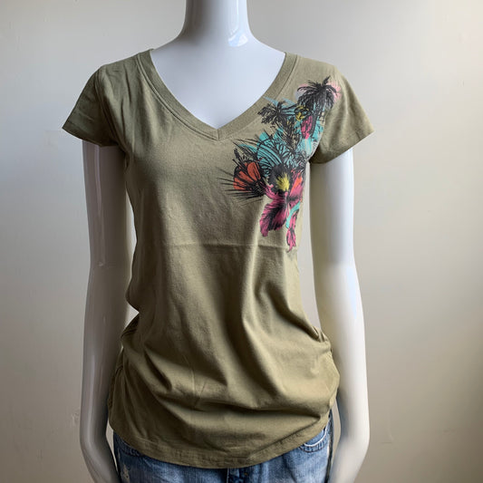 Rip Curl Vintage Y2K surf olive Gigi floral v-neck print graphic t-shirt
