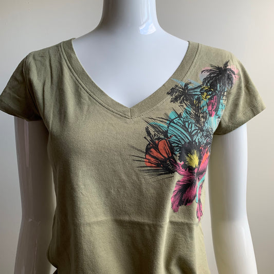 Rip Curl Vintage Y2K surf olive Gigi floral v-neck print graphic t-shirt