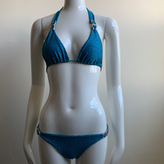 Sauvage teal & silver with crystal snake embellished luxury bikini