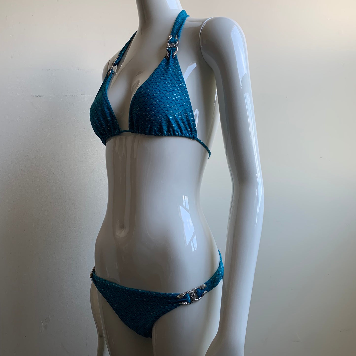 Sauvage teal & silver with crystal snake embellished luxury bikini