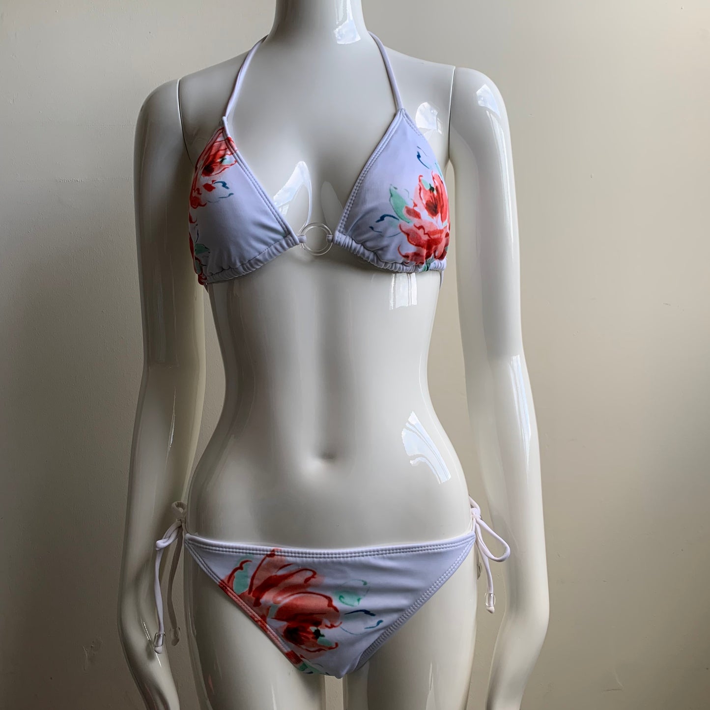 Guess white floral print triangle top tie side bikini