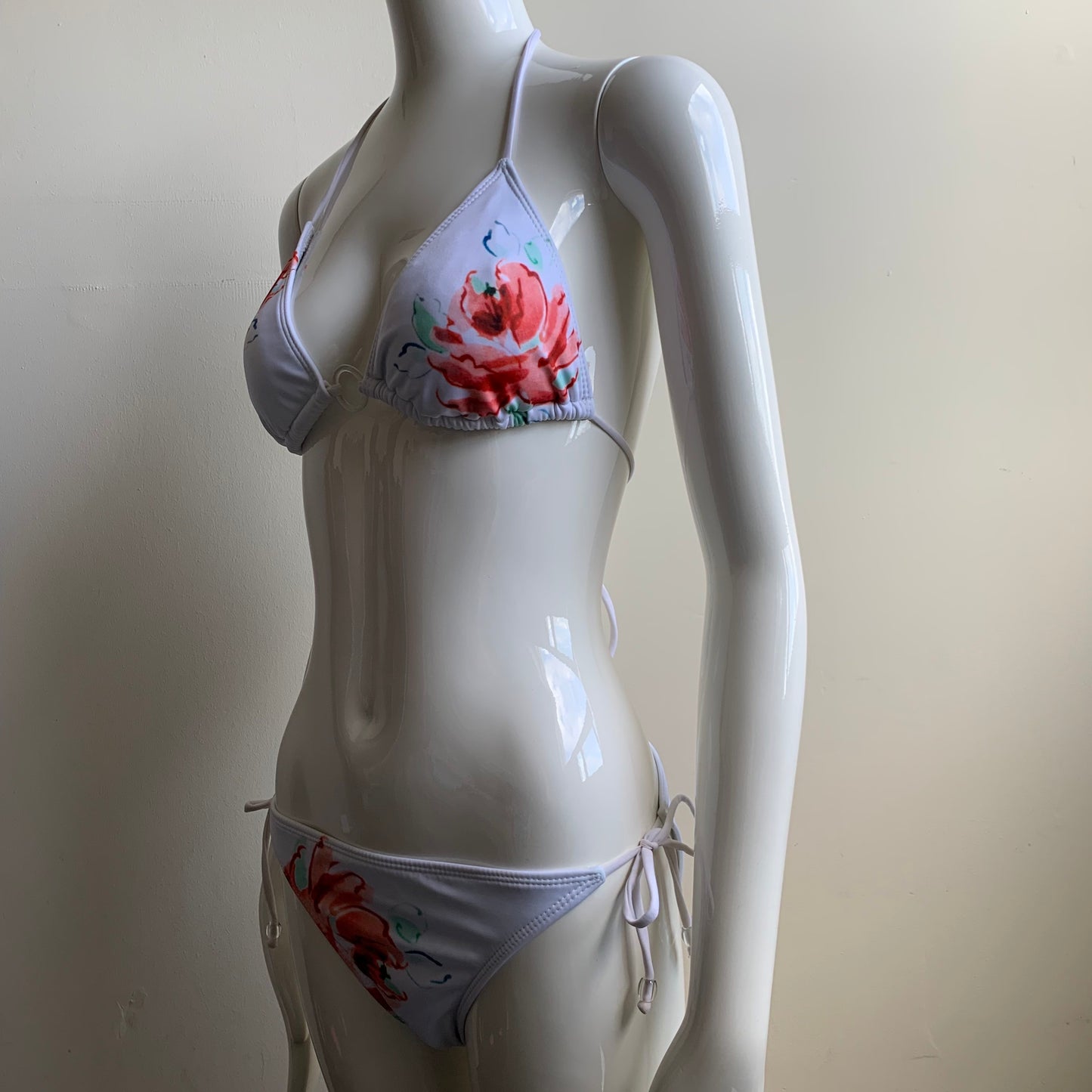 Guess white floral print triangle top tie side bikini