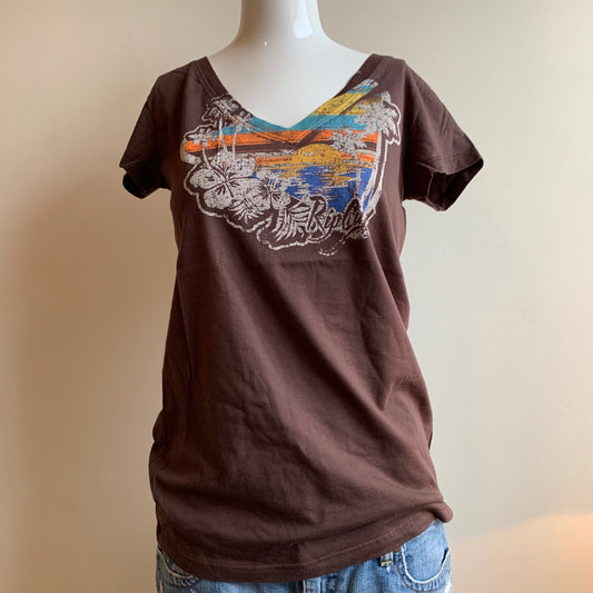 Rip Curl Vintage Y2K Lizzie surf brown graphic v-neck t-shirt tshirt