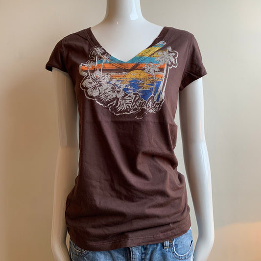 Rip Curl Vintage Y2K Lizzie surf brown graphic v-neck t-shirt tshirt