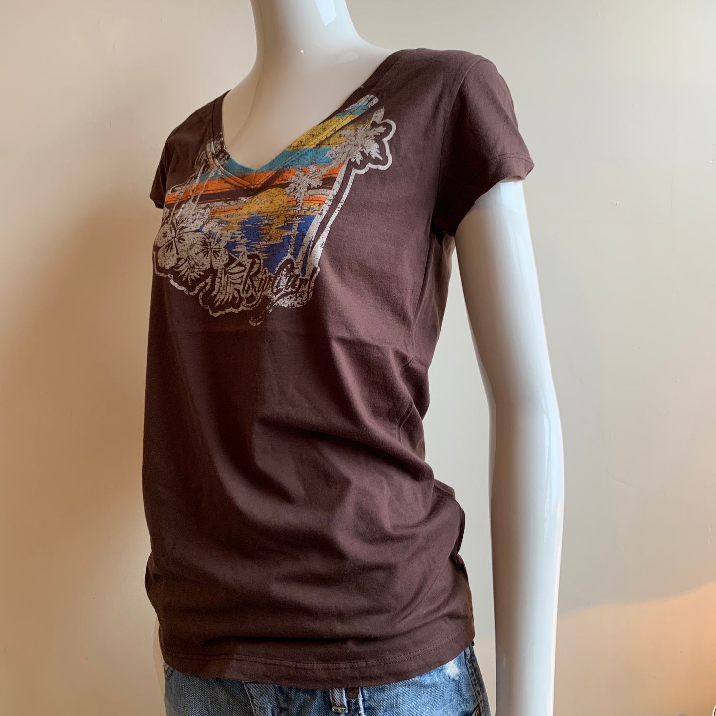Rip Curl Vintage Y2K Lizzie surf brown graphic v-neck t-shirt tshirt