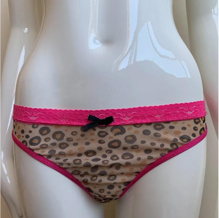 Fine Pink lace Leopard Print thong back mesh underwear