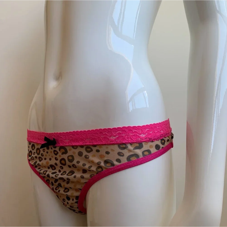 Fine Pink lace Leopard Print thong back mesh underwear